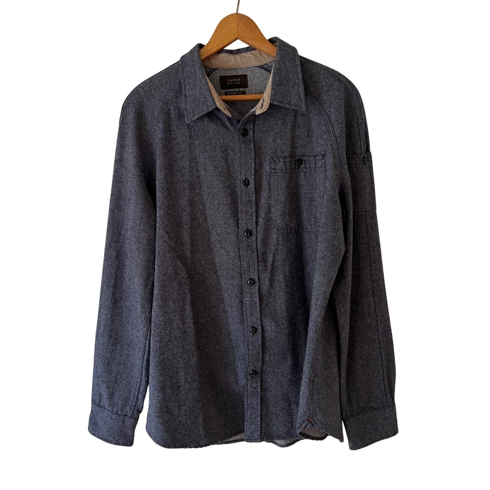 Jachs New York Mens Navy Blue Cotton Twill Button Down Shirt Classic Fit L